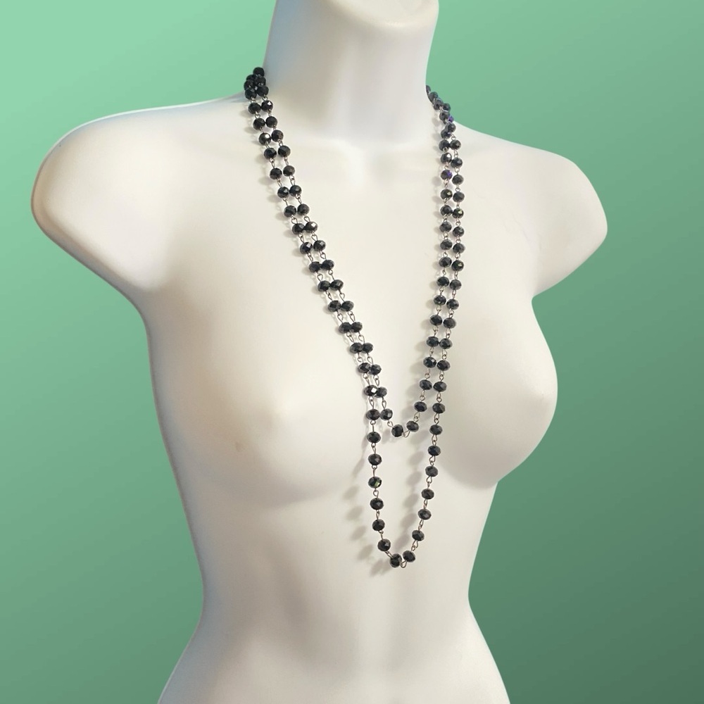 Vintage Black Glass Faceted Beads Long Necklace Over-The-Head Style